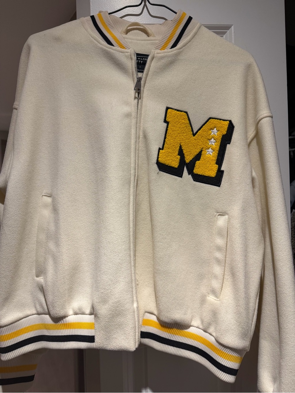 Urban Planet Cream Bomber Jacket with Yellow 'M' Patch